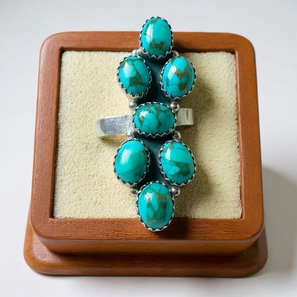 Unique Blue Copper Turquoise Multi Stone Ring Southwestern Silver Adjustable - Picture 1 of 6
